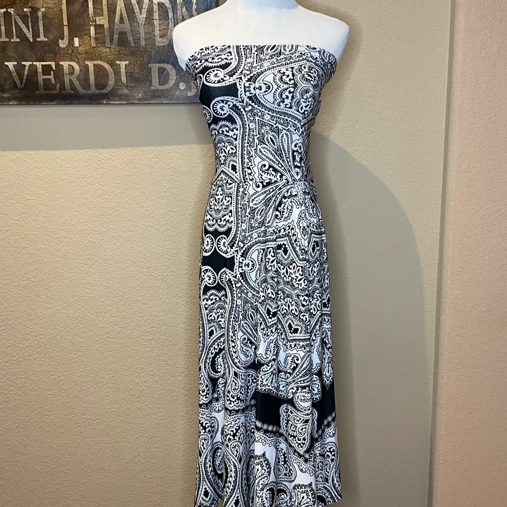 INC Dress Strapless Floral Black and White